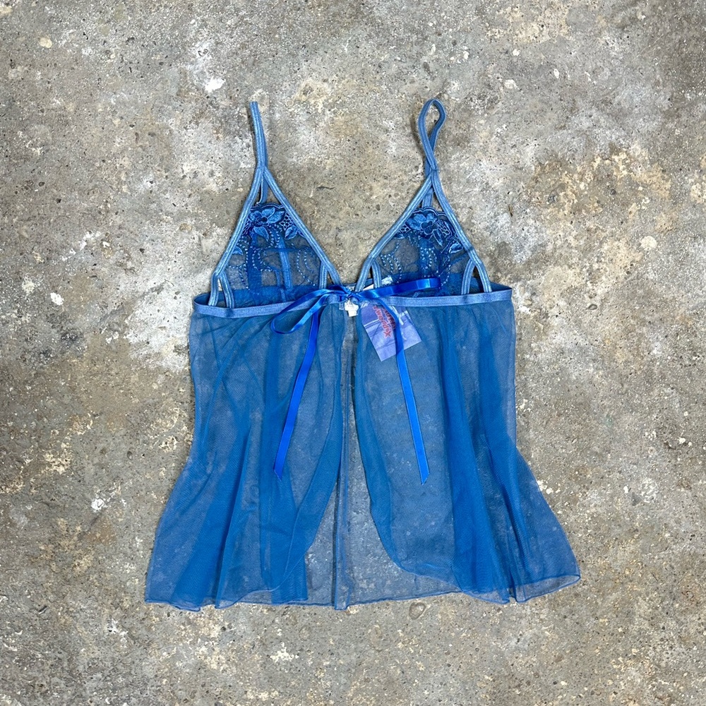 Blue Sheer Lace Tie Front Lingerie Top